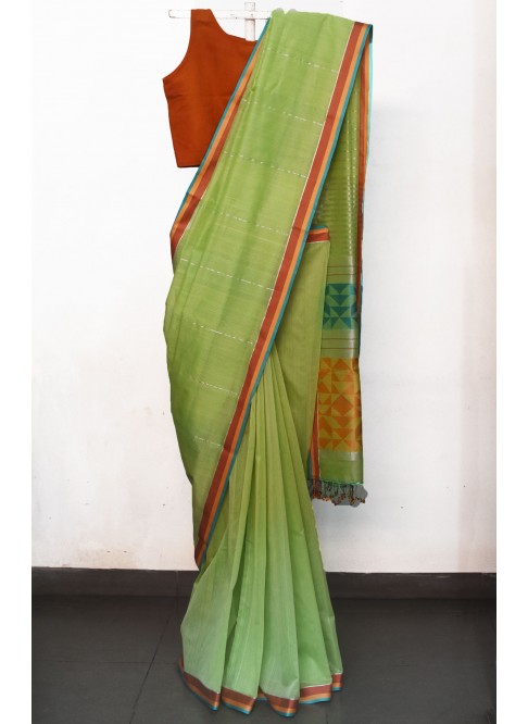Parrot green, Handwoven Organic Cotton, Textured Weave , Jacquard, Work Wear, Saree 